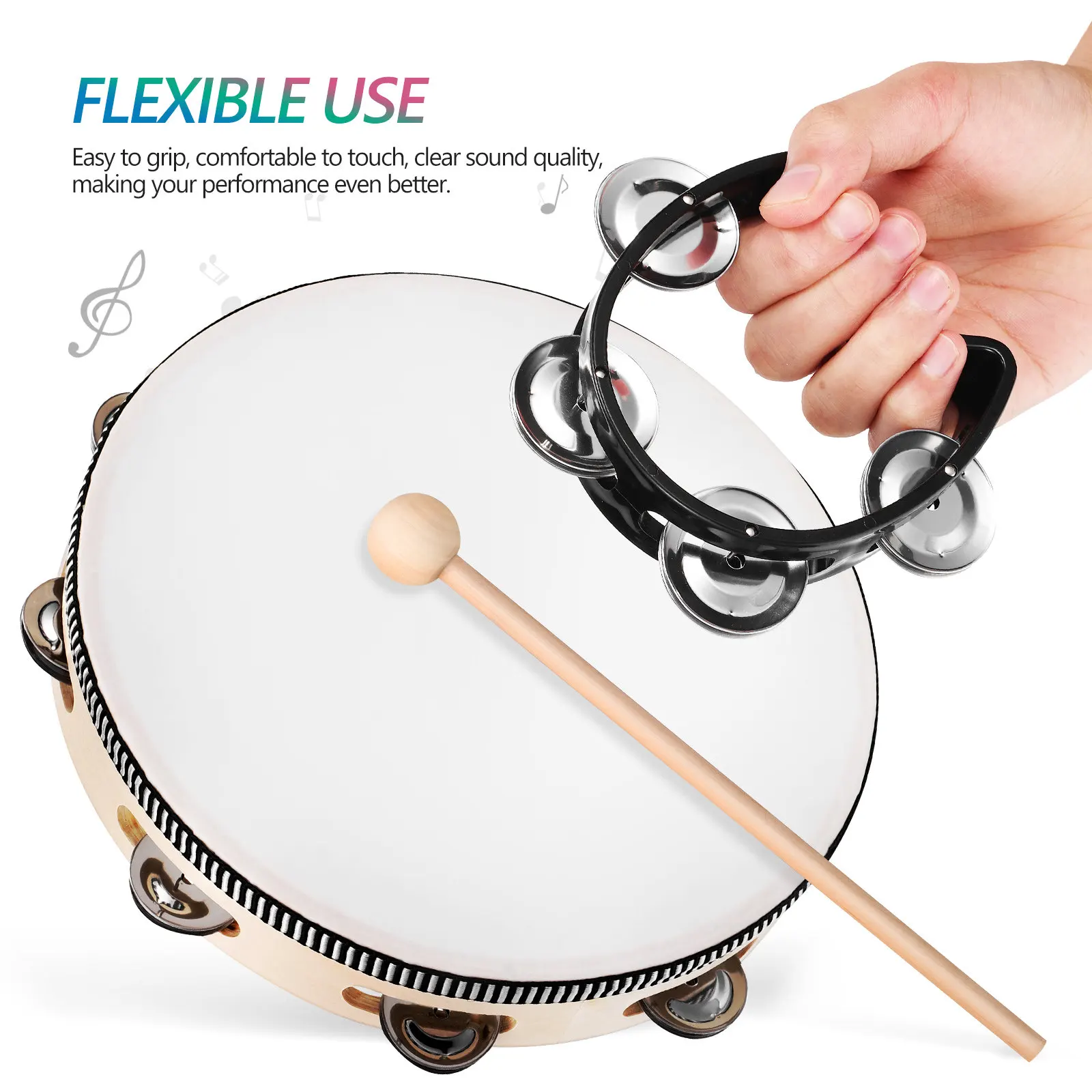 1Set 10 Inch Tambourine Musical Instrument with Comfortable Wooden Mallets Single Row Hand Drum for Adults Percussion Tambourine