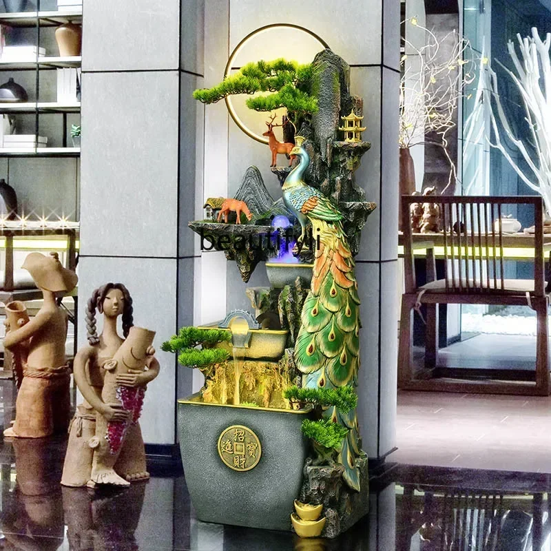 Rockery flowing water fountain floor-standing large ornament circulating water feature office peacock