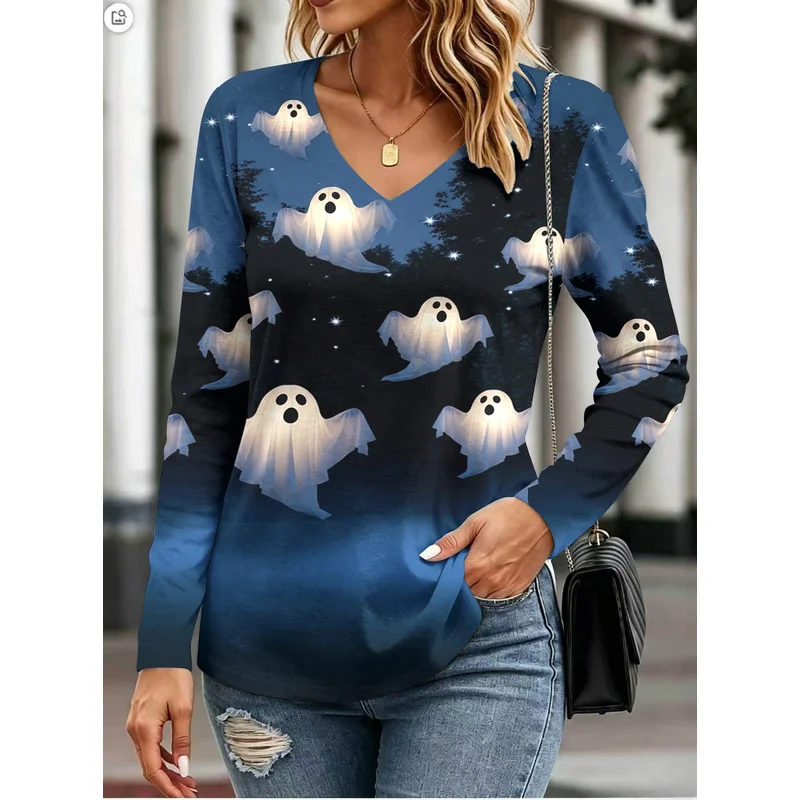 Comfortable skin-friendly and slimming women's clothing with Halloween printsVCollar Long SleeveTCasual everyday wear tops
