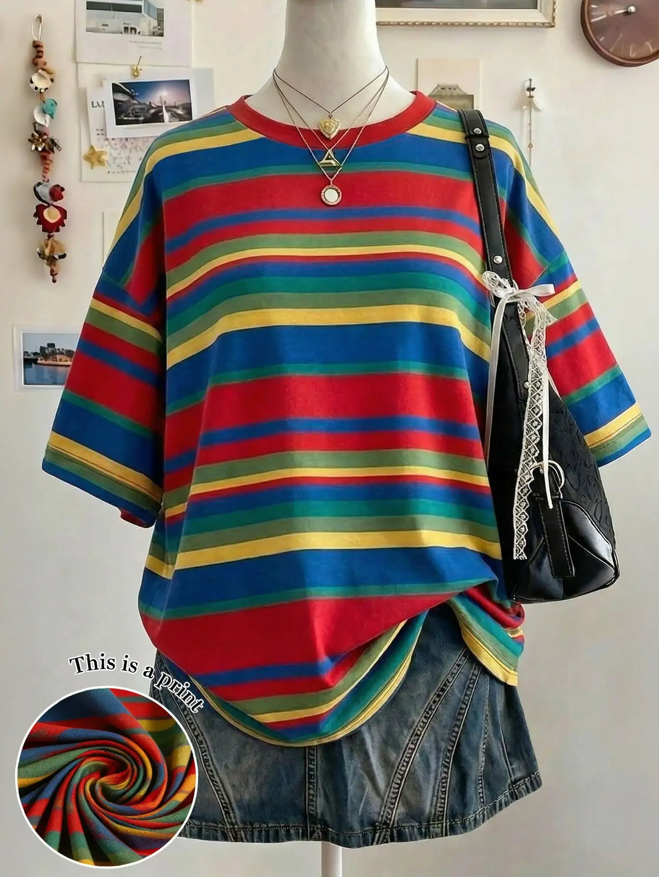 Women Vintage Rainbow Striped T-Shirt, Drop Shoulder Crew Neck Short Sleeve Colorful Stripe Casual Retro Streetwear Summer Tee