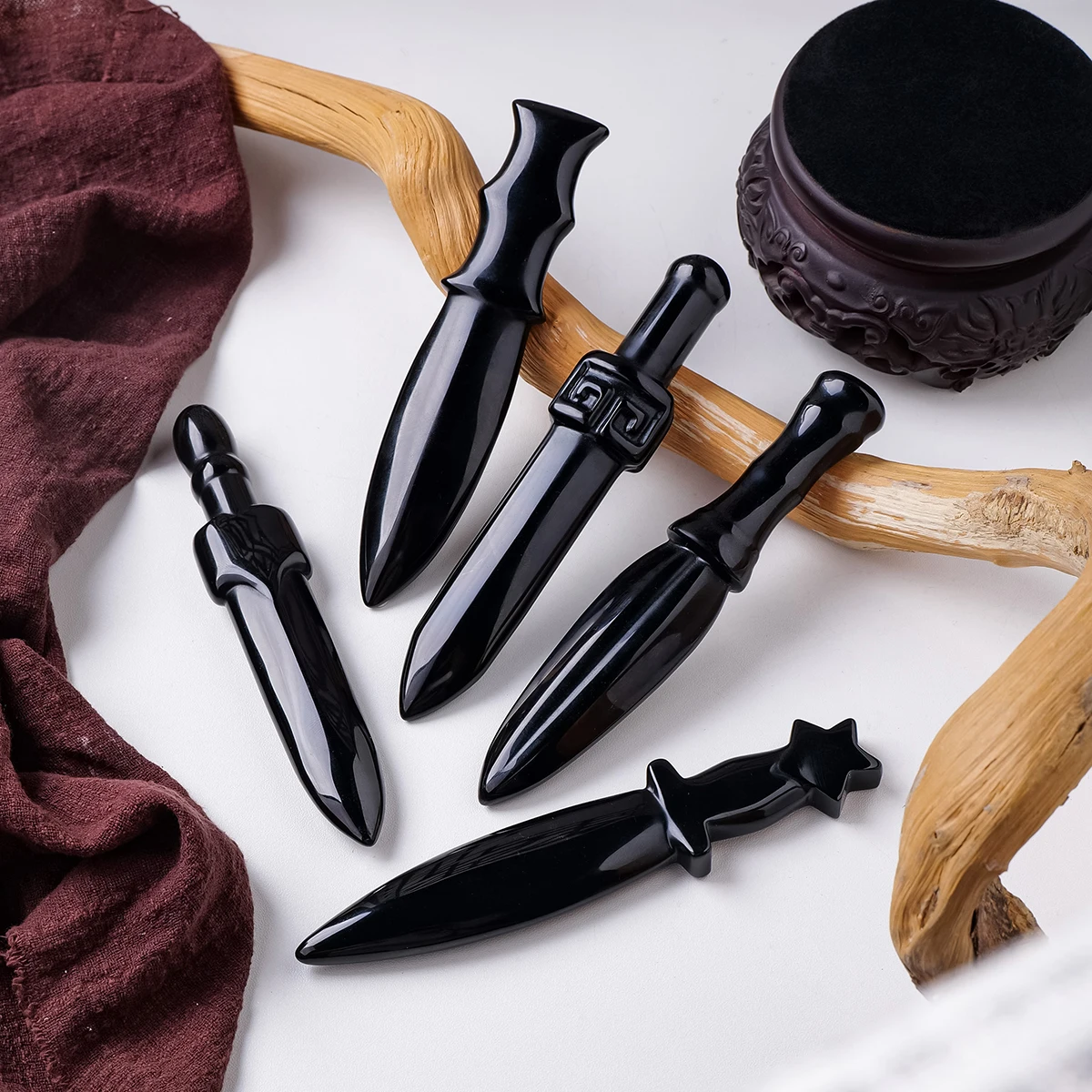 1PC Natural Crystal Black Obsidian Carved Ritual Knife Home Decor Witch Dagger Gemstone Athame Decorative Occult Crystal Gift