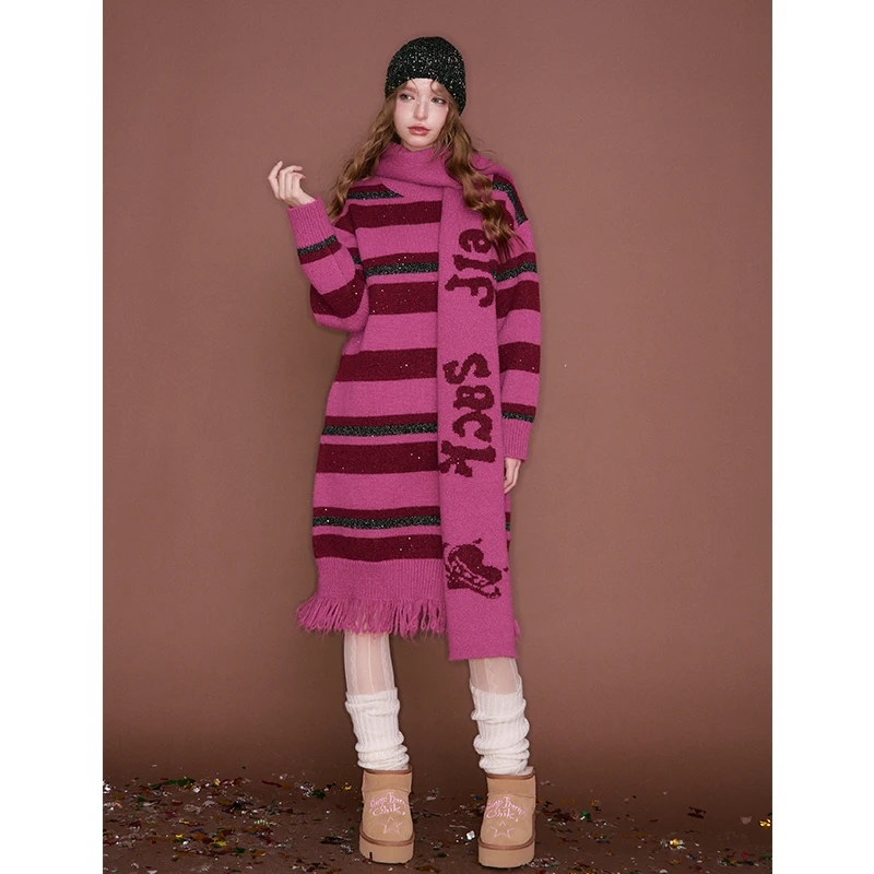 ELFSACK Sweet Preppy Knit Sweater Dress Winter Women Color Block Stripe Scarf Set Dress Casual Tassel Hem Female Clothing