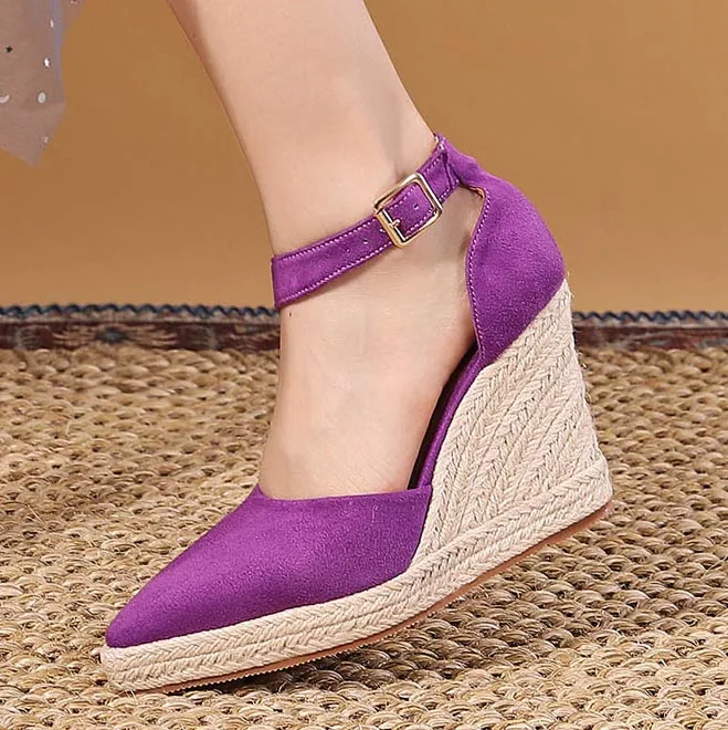 LIHUAMAO Suede Wedges Sandals Pointed Toe Espadrilles Shoes for Women High Heels Shoes Ankle Strap Sandals Platform Casual