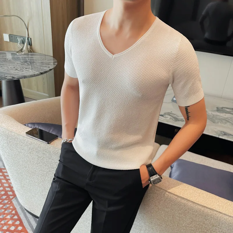 Summer V-neck Knitted T-shirt for Men Ice Silk Breathable Short Sleeved T-shirt Men\'s Slim Fit Casual Business Social Tee Tops