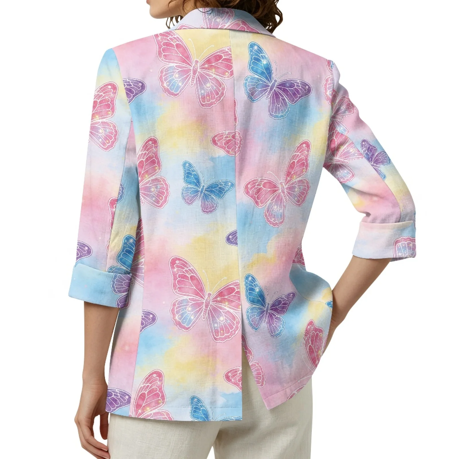 PENSTROLL Open Front Linen Style Open Front Jacket 3/4 Sleeve Jackets for Office Pastel Butterfly