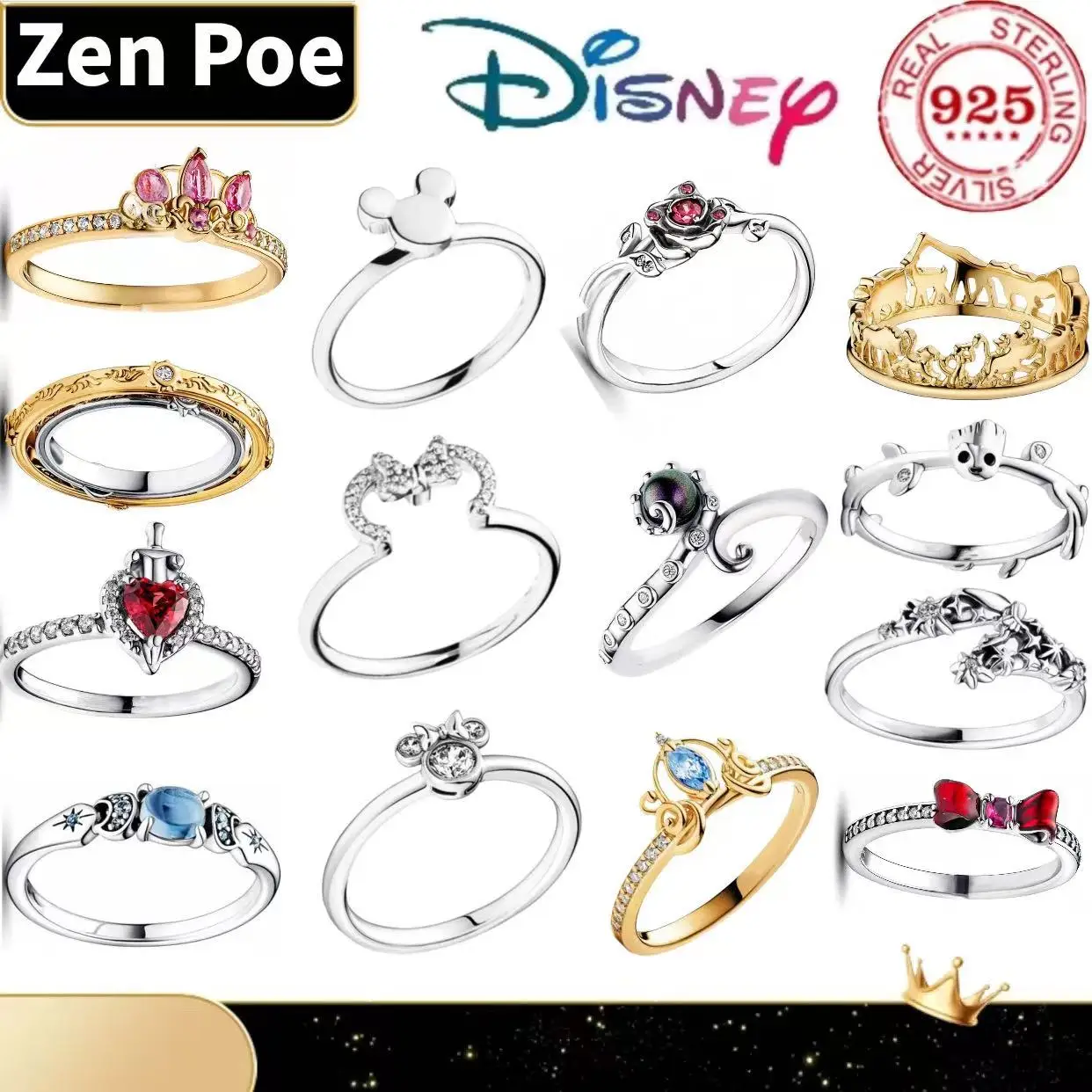 Anillo de Plata 925 con Forma de Corazón de Minnie y Corona de Princesa, el Más Vendido, para Damas, Joyería Fina DIY, Regalo Exquisito