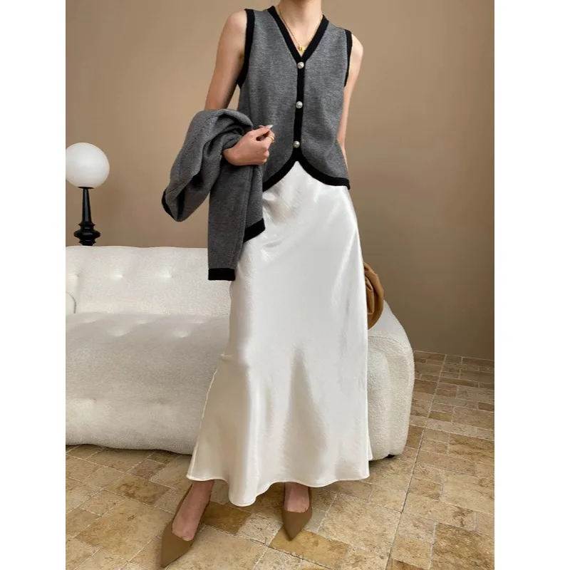 Rokken Vrouwen Lange Rok Een Lijn Slim Fit Feest Satijn Nacht Avond Sexy Hoge Taille Elegante Splice Y2k Streetwear Werk 2025, Herfst