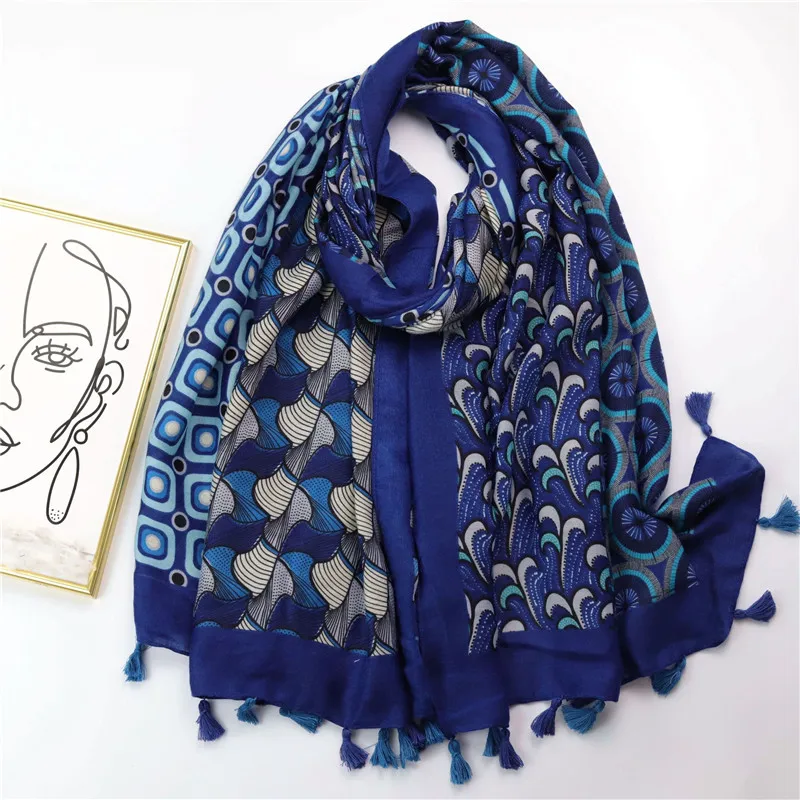 Autumn Women Tassel Viscose Scarf Bohemian Floral Cotton Hijab Shawls and Wraps Foulard Echarpe Bufandas Muslim Sjaal 180*90Cm