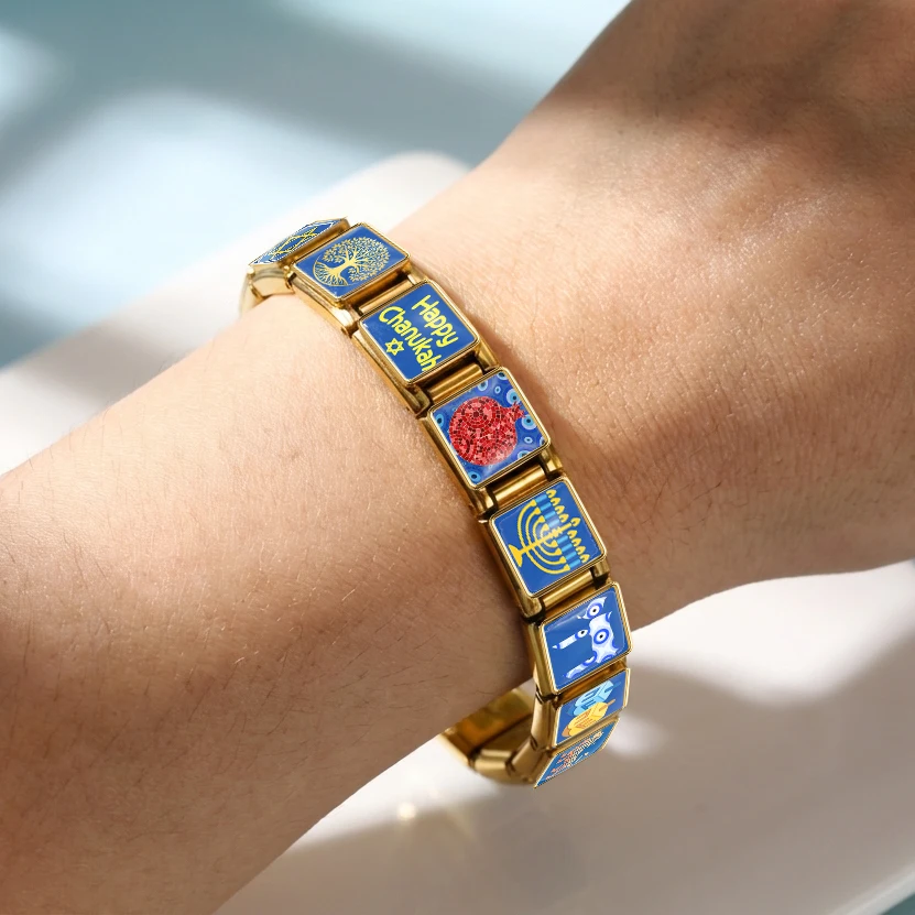 Jewish Symbols Bead Chai Etz Chaim Ayin Hara Star of David Evil Eye Chanukiah Rimon Lion of Judah Italian Charm Bracelet Jewelry