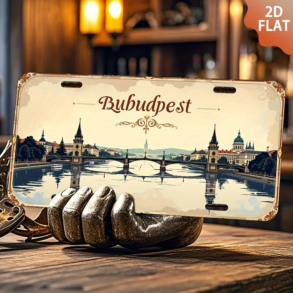 2D Budapest City River Bridge Scenery Vintage Metal License Plate Retro Metal Sign Bar Home Wall Decor Plaque