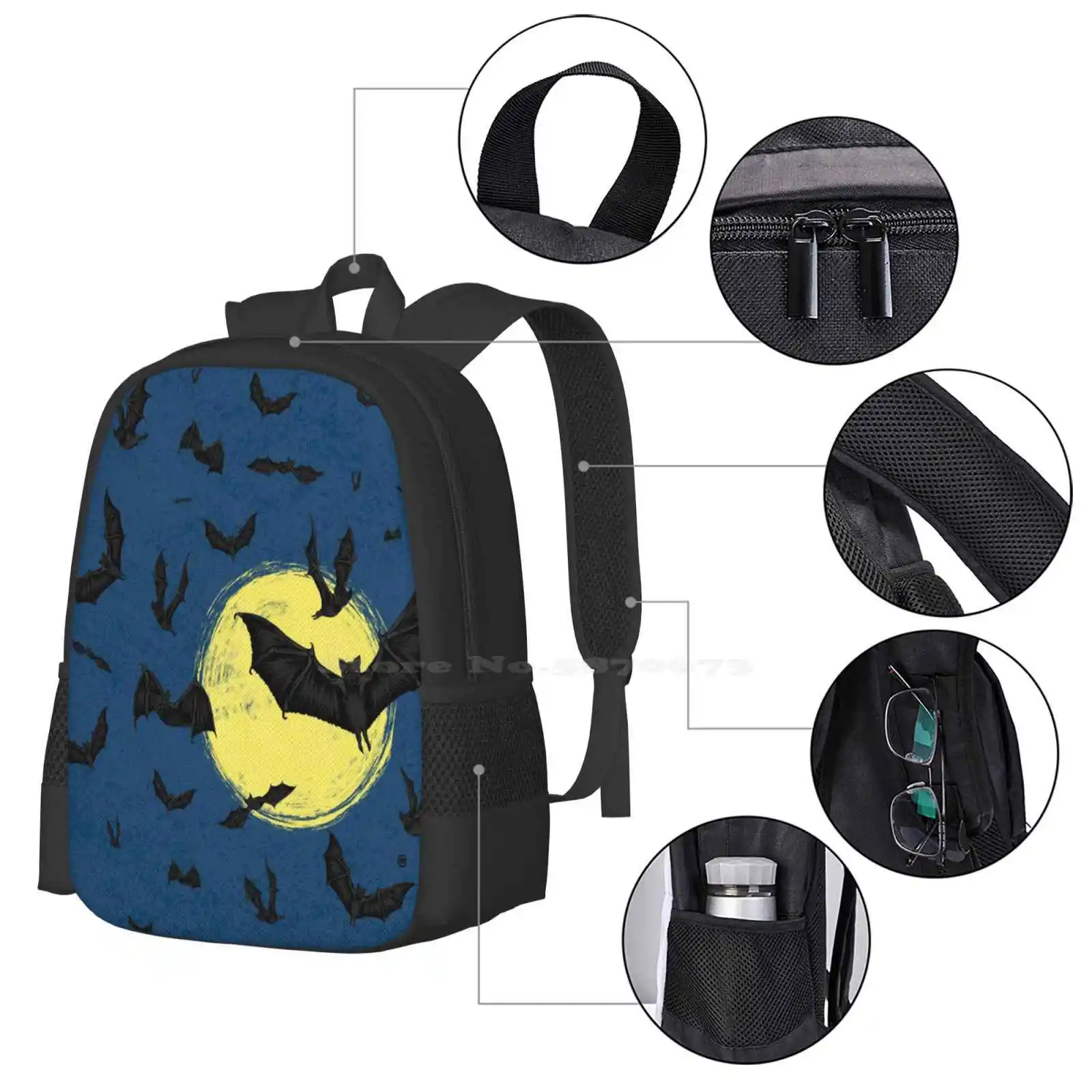 Bat Swarm 3D Print Design Backpack Student Bag Bat Swarm Moon Illustrator Cool Animals Evil Dark Art Halloween Party Halloween