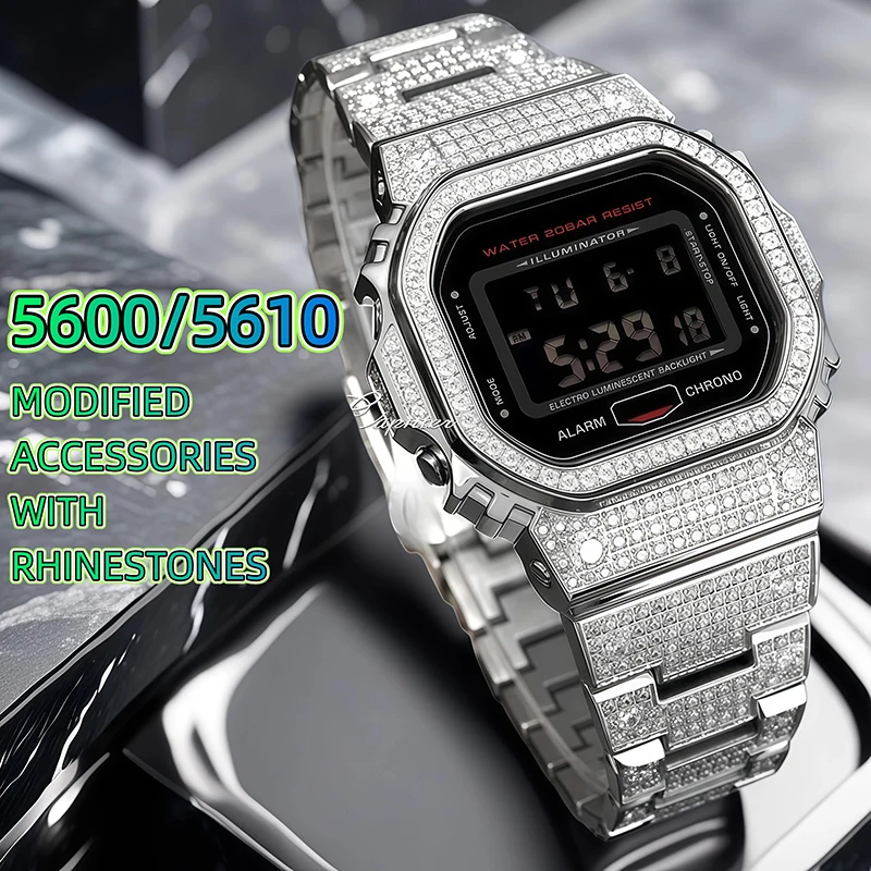 

GM-5600 For Casio For GShock DW5600 GW-M5610 GW-B5600 MOD Kit Diamond Inlaid Watch Case Bezel Stainless Steel Watchband Bracelet