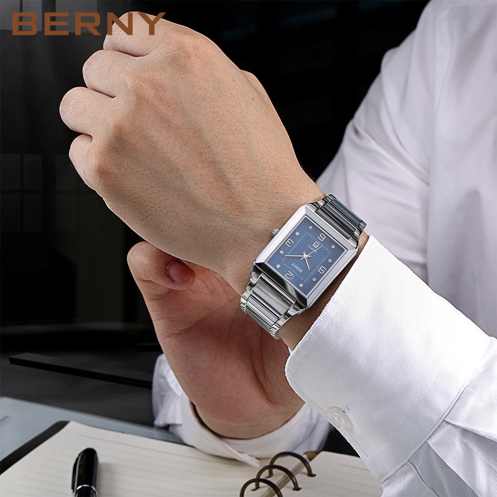 BERNY Tank Watches for Men Calendar Square Stainless Steel Quartz Wristwatch Sapphire Waterproof Dress Business Couple Watch