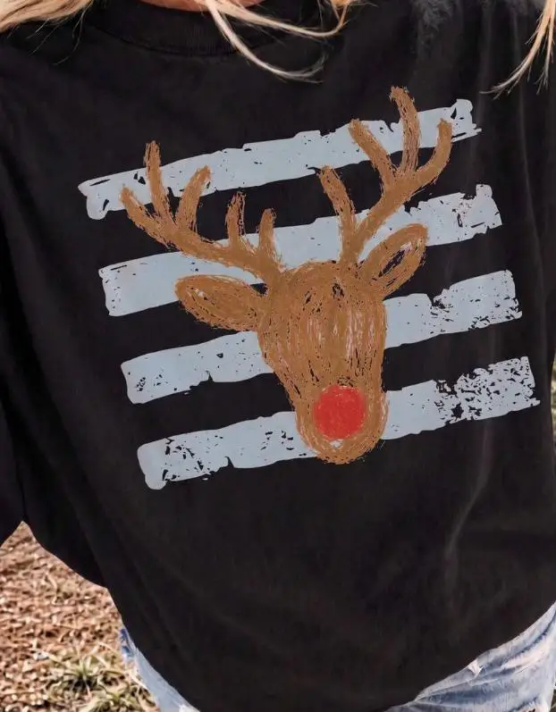 Vintage Rudolph Reindeer T Shirt Women Stripes Christmas Graphic Tee Retro Winter Festive Aesthetic Navy Blue Short Sleeve Loose Fit Tops