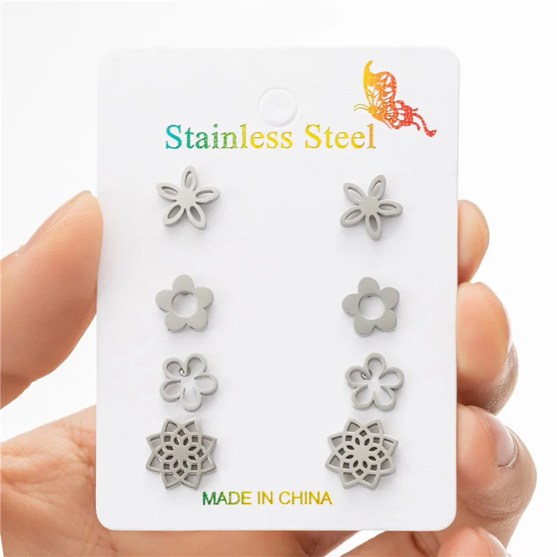 4Pairs/Lot Exquisite Small Flower Earrings for Women Fashion 2025 Bijoux Stainless Steel New In Earrings Party Wedding Jewelry