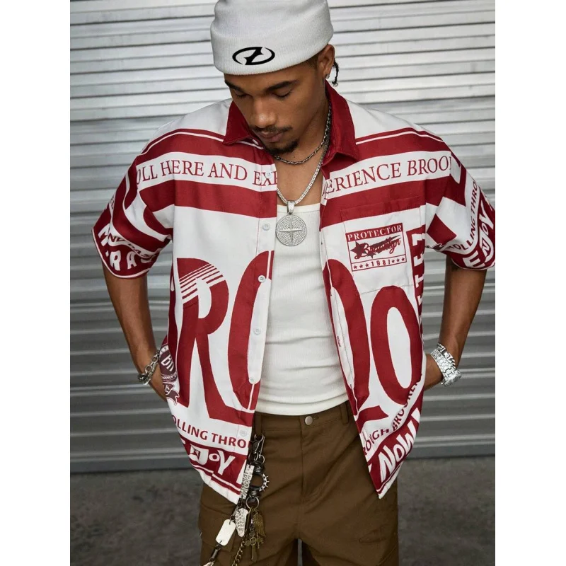 

Men's loose short-sleeved printed shirt, suitable for summer wear, 3D full-body letter print, casual men's shirt