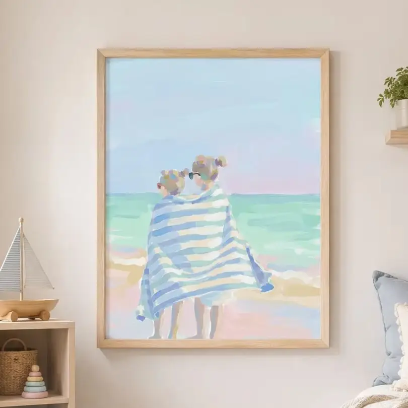 Beach Sisters Print, Striped Towel Poster, Pastel Coastal Wall Art Canvas Wall Printfor Bedroom, Living Room, Office & Interior
