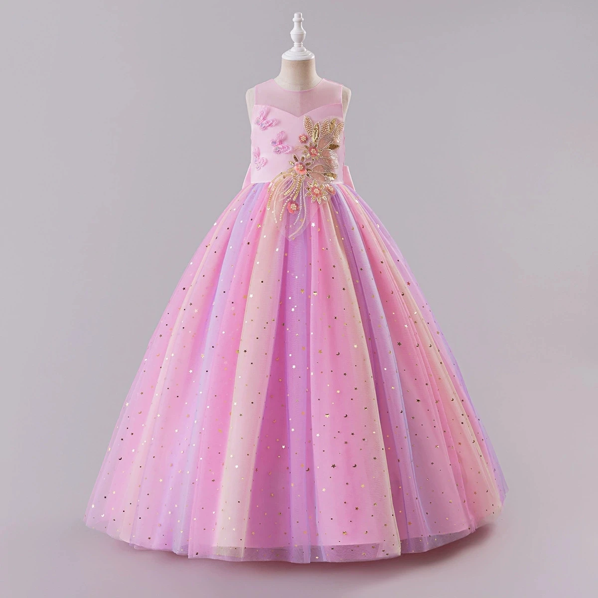 

Fashion Flower Girls Party Dresses Mesh Lace Sleeveless Bow Children Girls Sequin Dress Summer Princess Dress Girls 3-13 Years