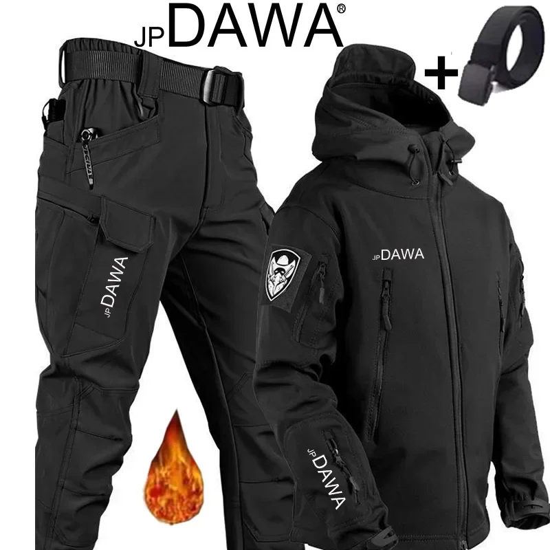 JP DAWA fishing suit, outdoor shark skin warm suit, hiking, windproof camping thick coat, autumn and winter soft shell jacket