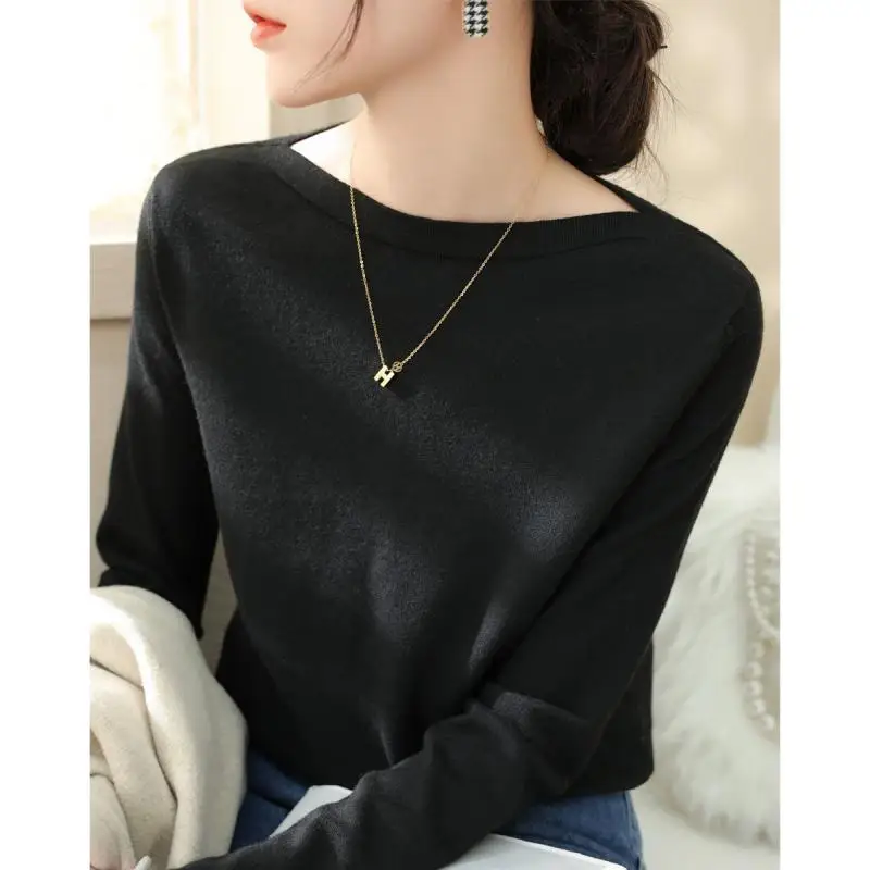 French Simple One-line Shoulder Collar Green Base Shirt 2023 Autumn/winter Sweater Long Sleeve Soft Knit Top