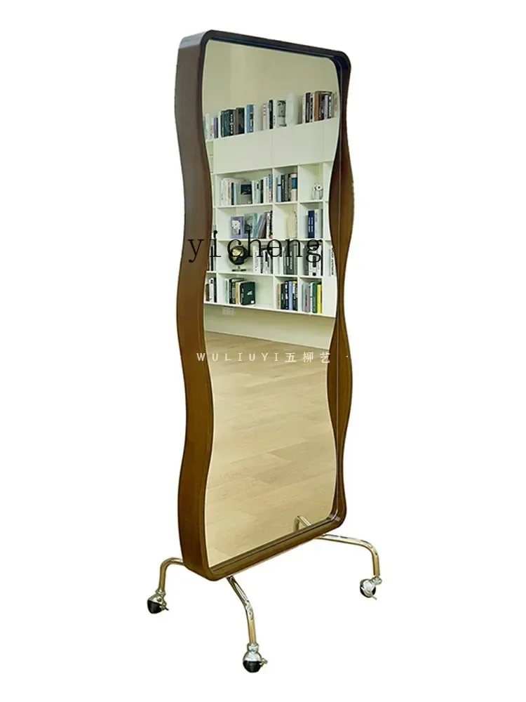 X-12   Retro Solid Wood Wave Full-Length Mirror Floor-Standing Movable Dual-Use Dressing Mirror Rotating Stainless Steel