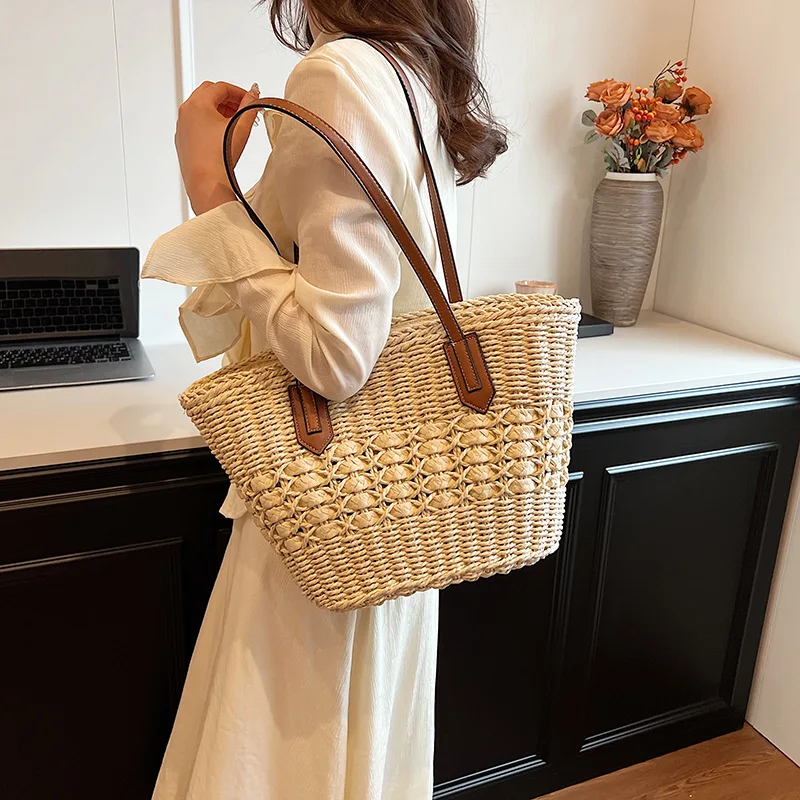 Elegant Ladies Straw Woven Handbag Women Holiday Beach Bag Casual Shopper Tote Top-Handle Bags Fashion Underarm Shoulder Bags