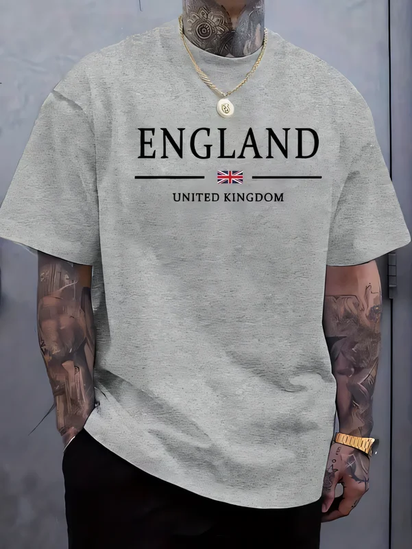 Men's Oversized England Graphic T-Shirt Casual Streetwear Short Sleeve Crewneck Tee With United Kingdom Print Trendy Graphic Top