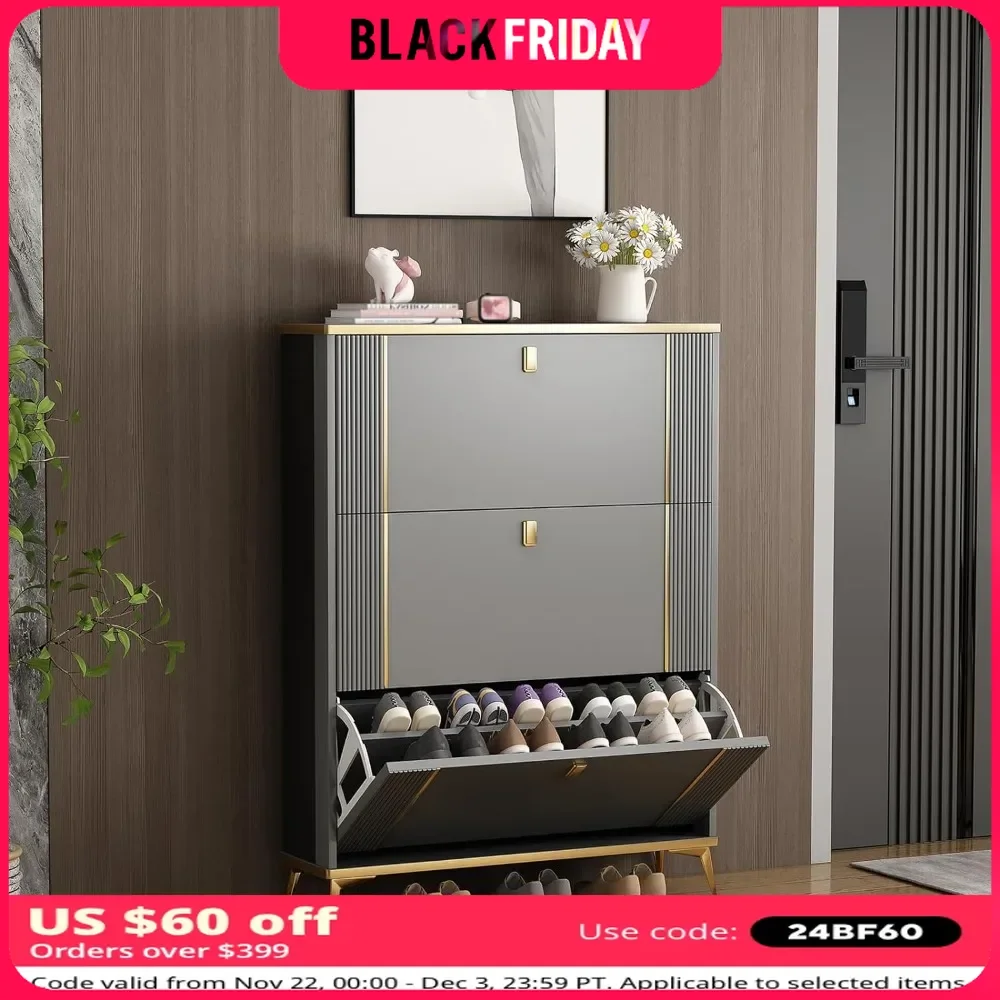 Shoe Cabinet with 3 Clamshell Drawers, Modern Slim Hidden Shoe Storage and Freestanding Tipper Rack with Narrow Entry Grey