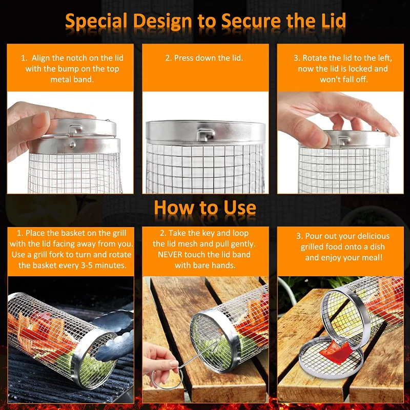 2023New Grilling BBQ Basket Stainless Steel Leakproof Mesh Barbecue Rack Outdoor Picnic Camping Simple Cylindrical BBQ Grill