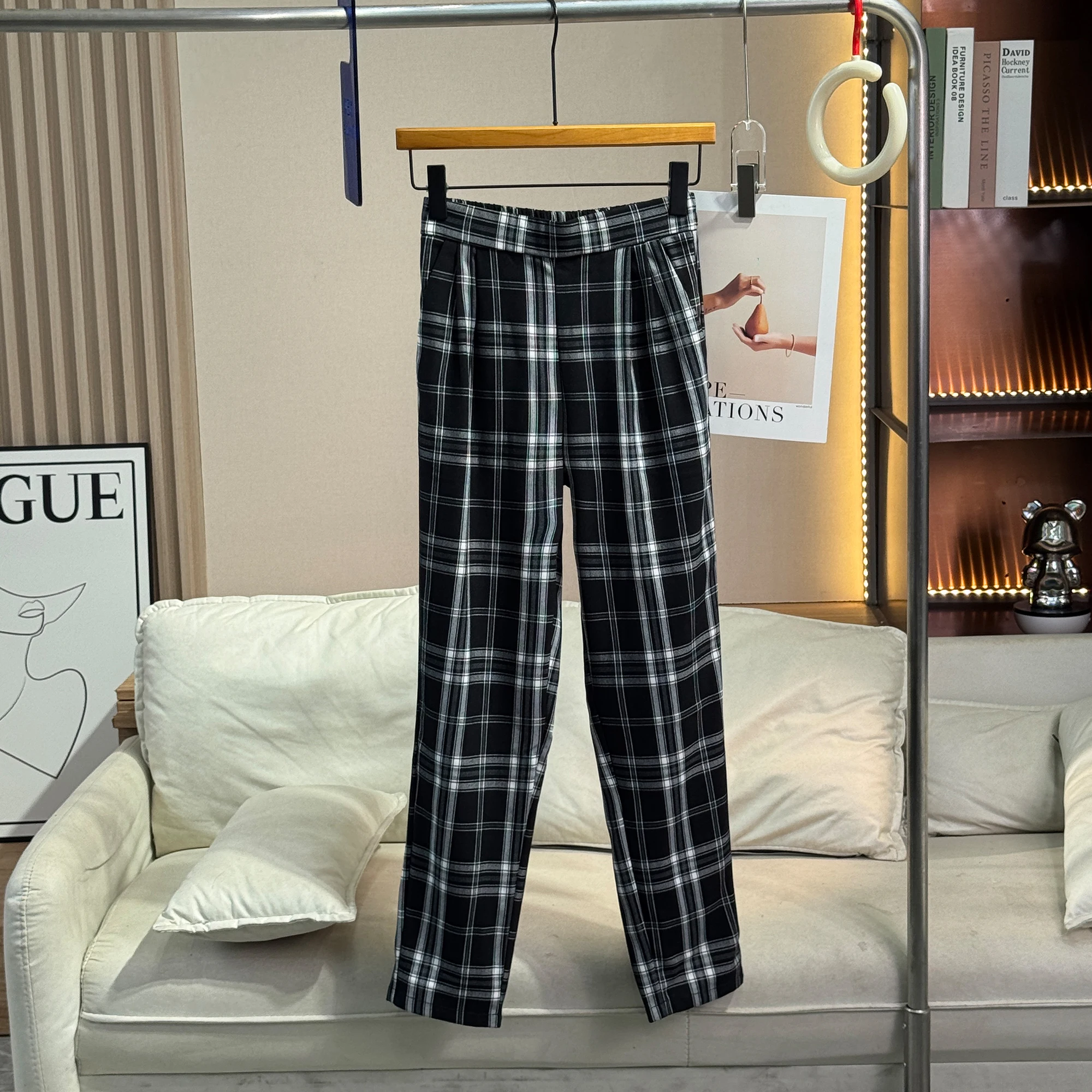 

Удобные женские брюки с высокой талией и прямыми штанинами, весенние повседневные брюки, утягивающие, с клетчатым узором, универсальные, свободного кроя