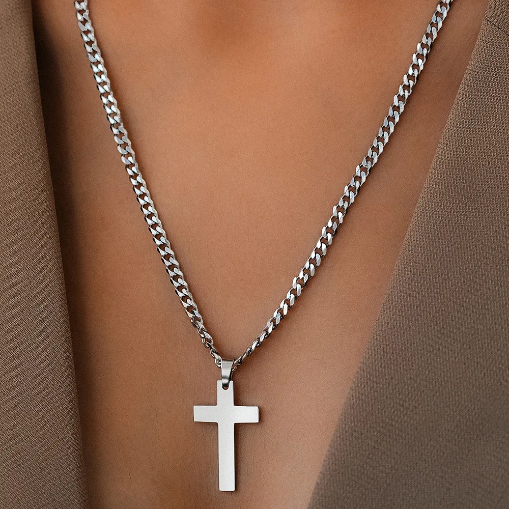 WG 1pc Stylish Stainless Steel Cross Pendant Niche Hip-Hop Style Cross Necklace  Sweater Chain Jewelry