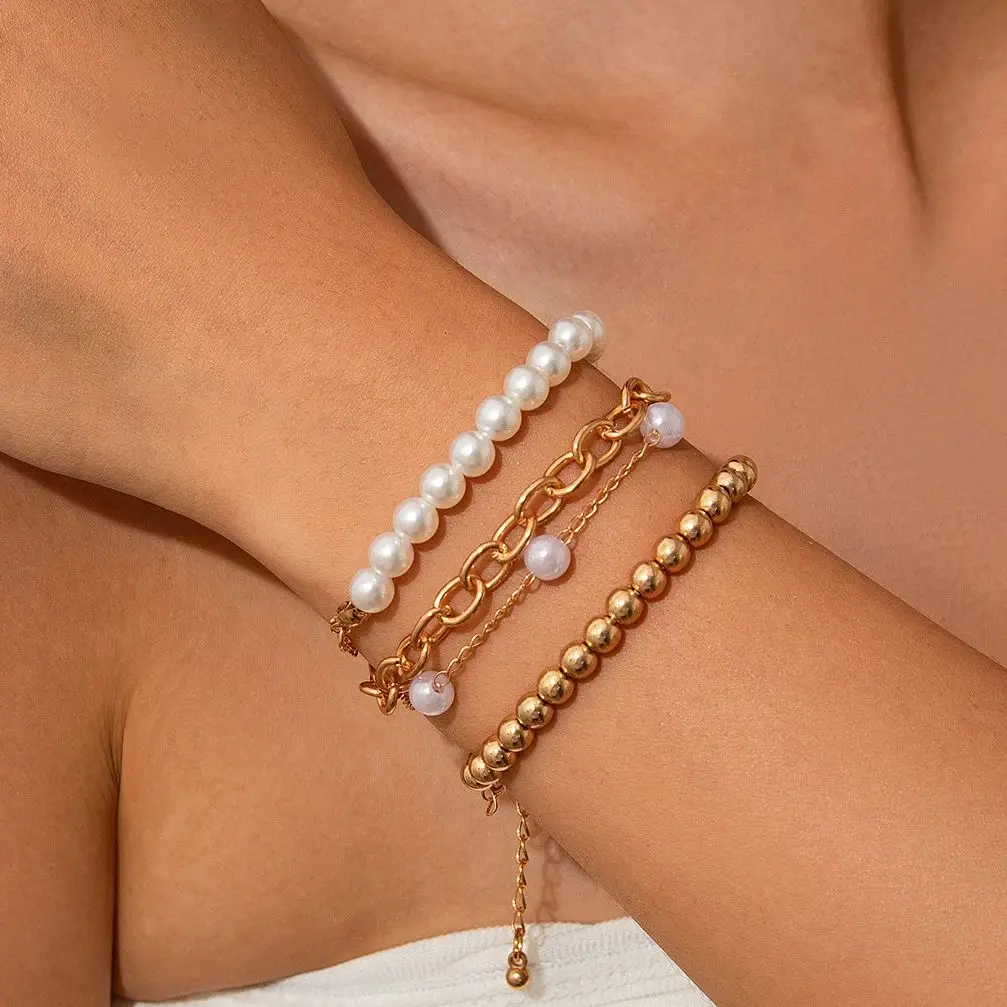 

SHIXIN 4pcs Fashion Statement CCB Bead Imitation Pearl Bracelet Set for Women Simple Gold Color Adjustable Chain Bracelet on Han