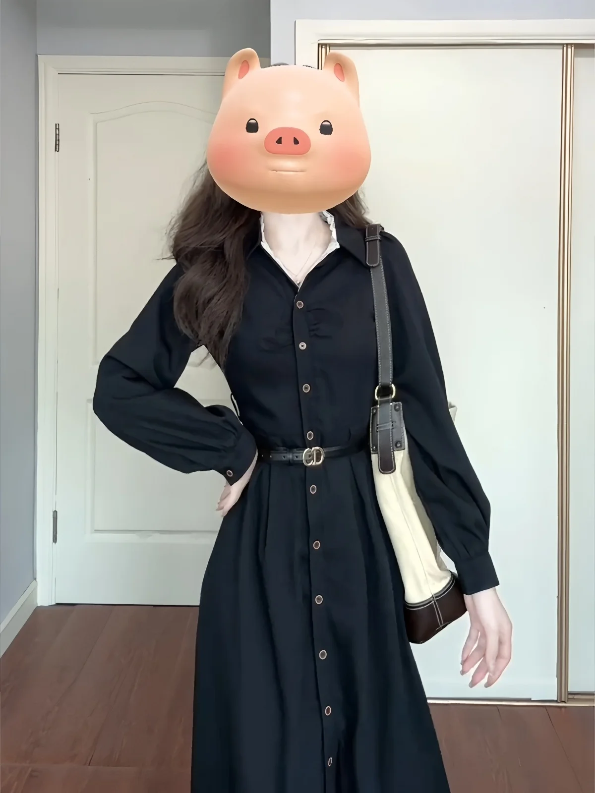Hebe Style Black  Collar Shirt Dress Women's Autumn New Arrival Early Fall Dress Slim Fit Long Sleeve Button Closure