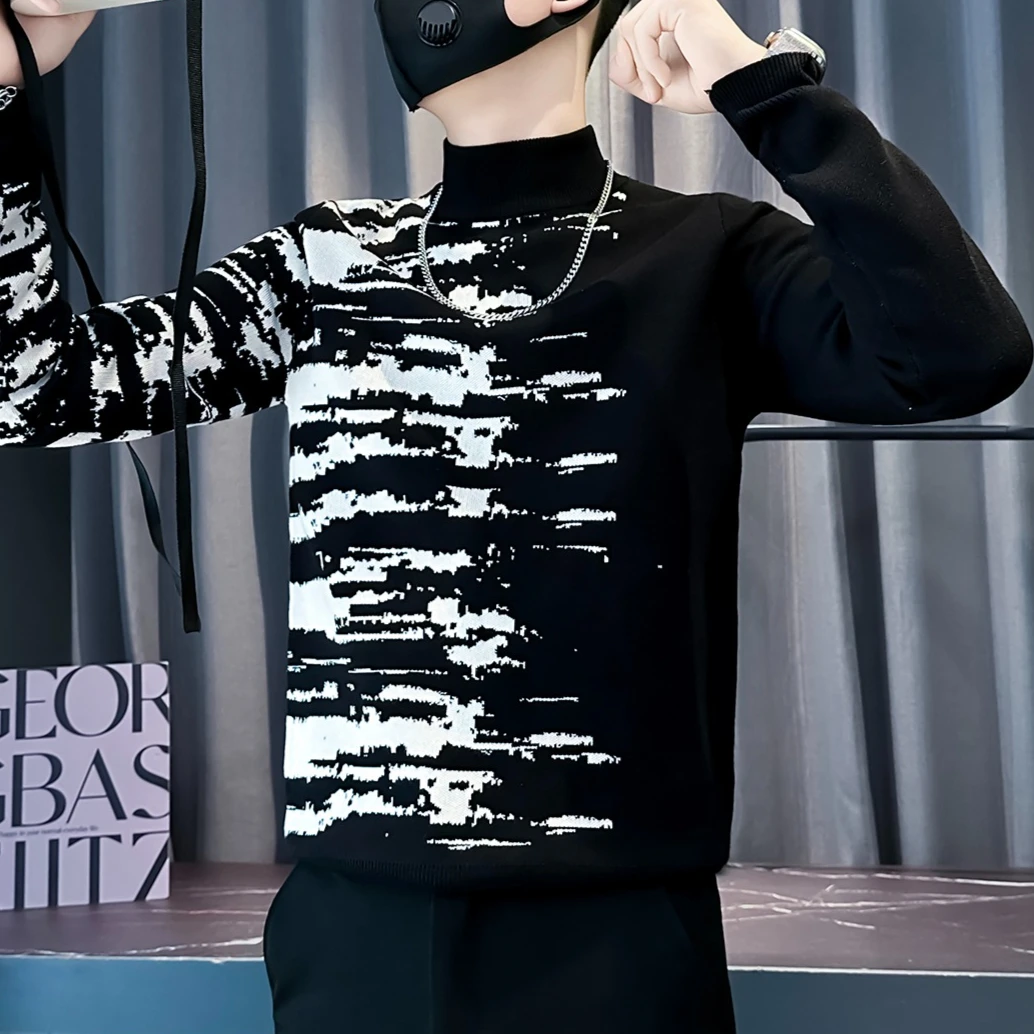 

2026 Trendy Jacquard Knitted Sweater for Men Half-high Neck Long-sleeved Sweater Slim Fit Casual Social Street Wear Pullover