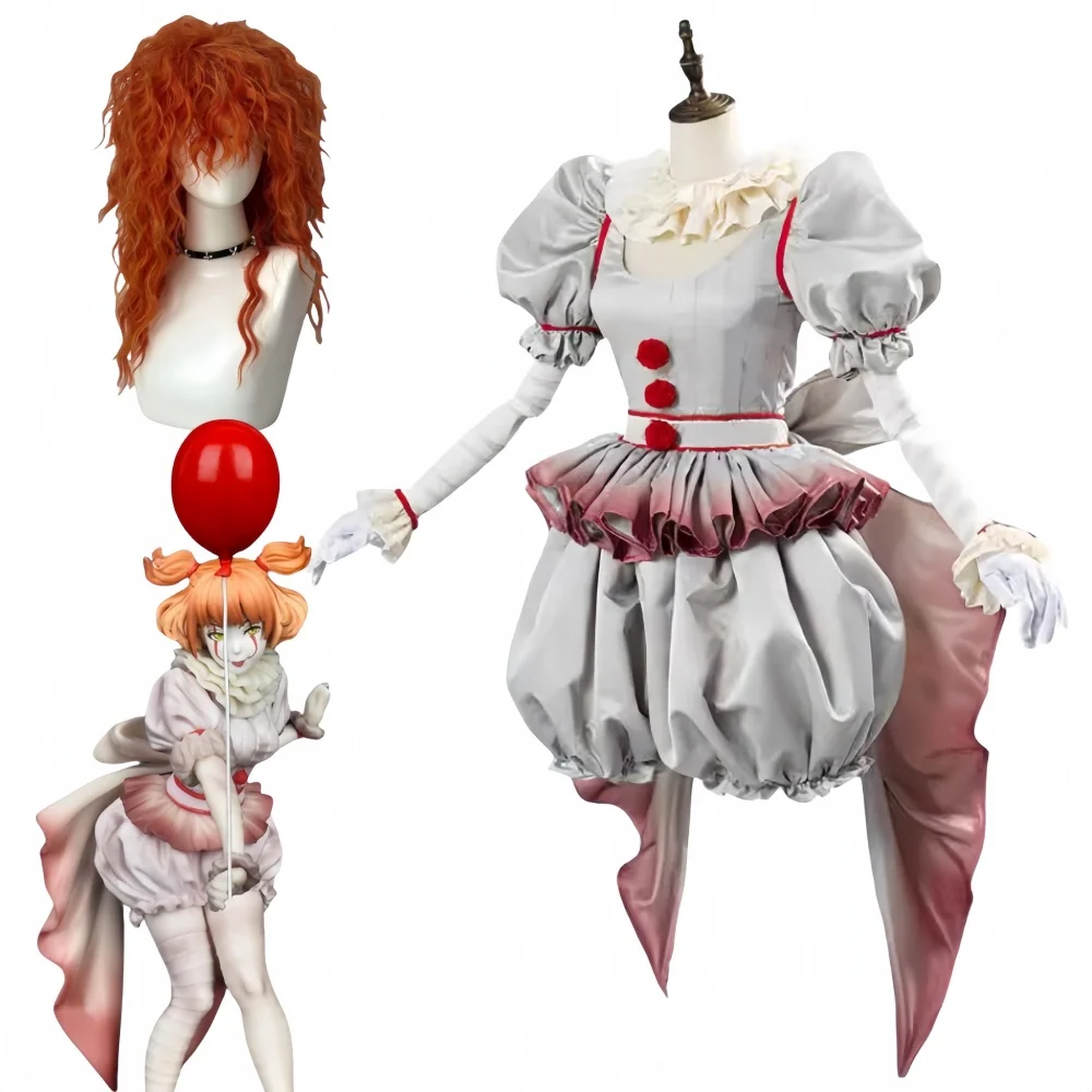 Película payaso Cosplay Pennywise disfraz peluca Genderswap Halloween Horror vestido de Lolita mujeres vestido de fantasía carnaval fiesta conjunto completo