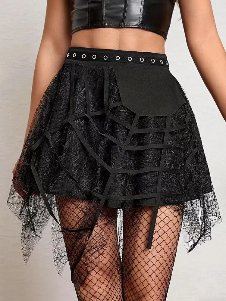 Punk Y2K Schwarzer Rock Damen Hohe Taille Vintage Gothic Miniröcke Amerikanischer Streetwear Damen Spitze Patchwork Unregelmäßiger Spinnenrock