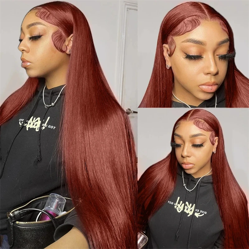 Peluca con malla Frontal marrón rojizo 13x4, pelucas de cabello humano, peluca Frontal de encaje recta de color rojo marrón brasileño prearrancada para mujeres