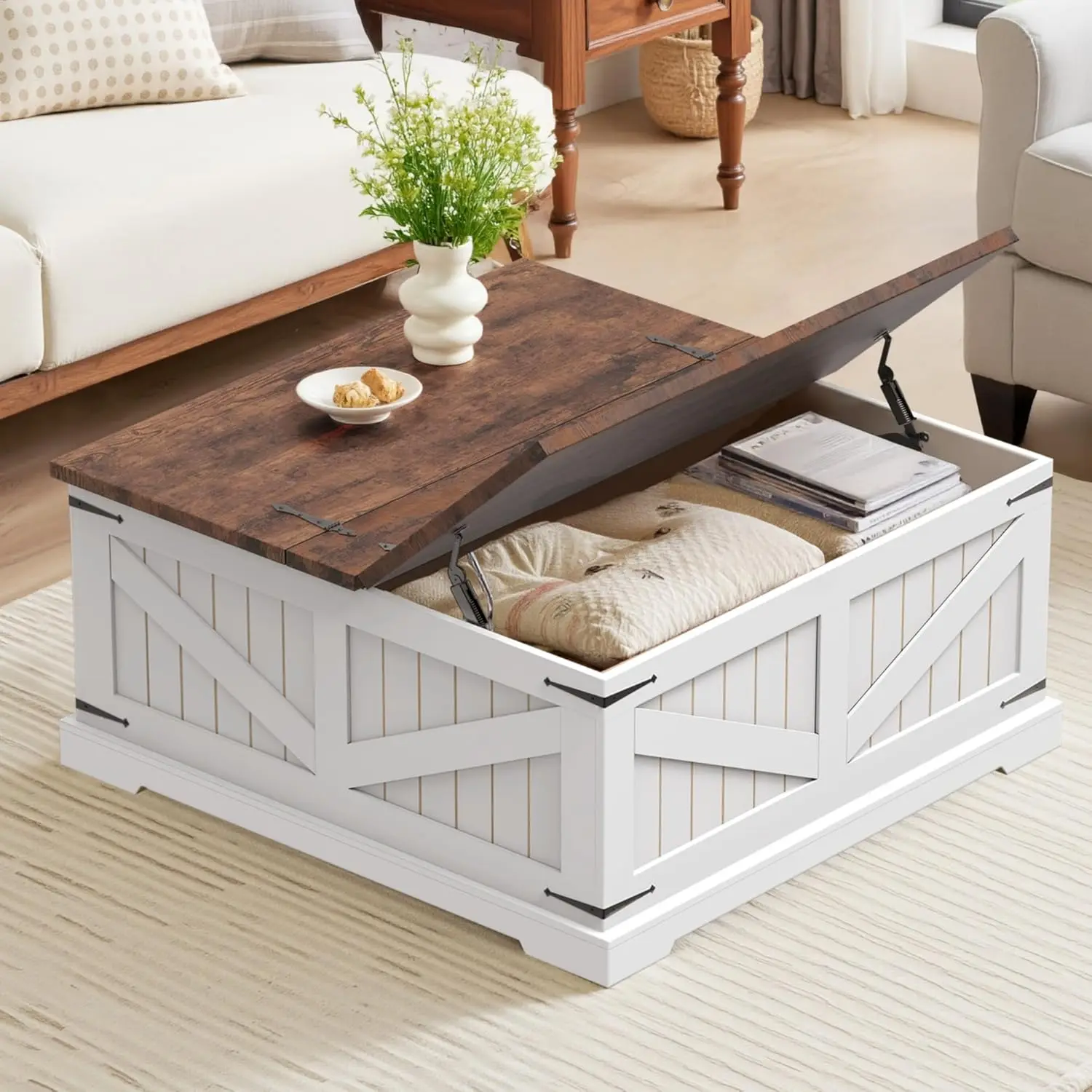 Farmhouse Coffee Table With Storage, 32" Square Wood Center Table With Dual Flip-Top Lids, Hidden Storage Compartme