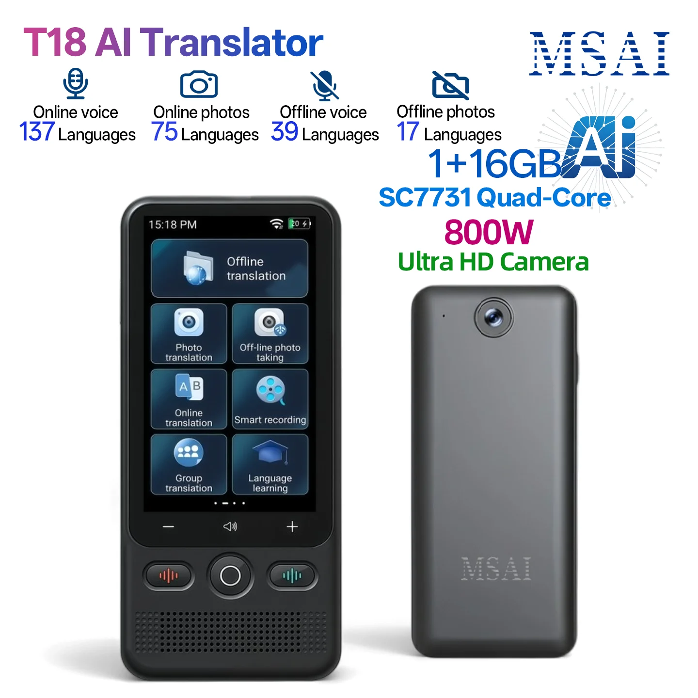MSAI AI Translator 1+16GB 800W Ultra HD Camera Photo Voice Recording Translation Device with Google Maps Search Tool for Travel