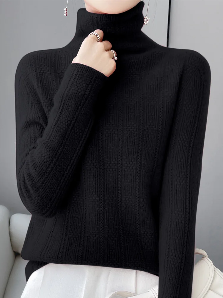 

Chic Hollow Out Grace Turtleneck Pullover Women's 100% Merino Wool Knitted Sweater Autumn Winter Warm Soft Solid Clothing Tops