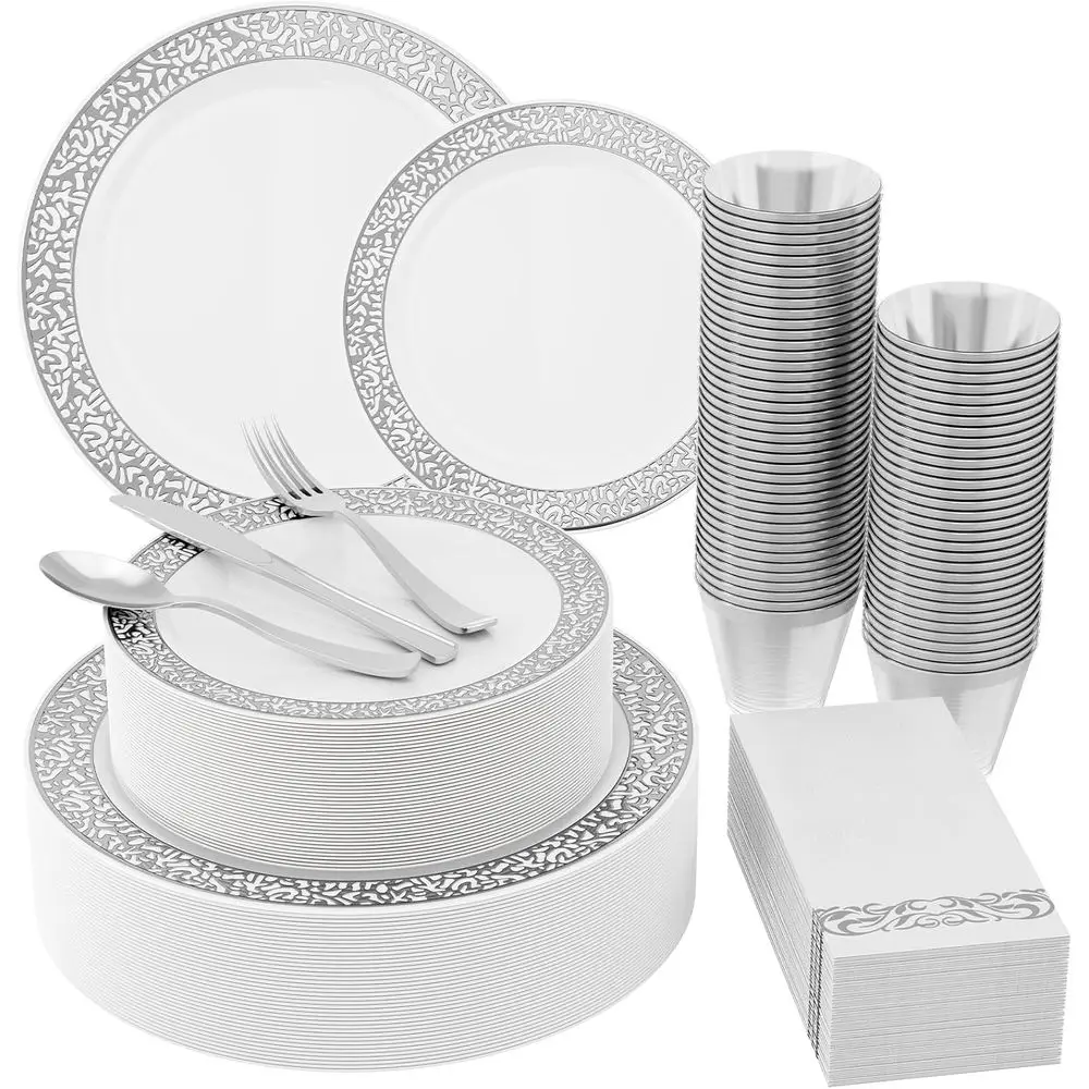 

210-Piece Silver Plastic Dinnerware Set: 30 Dinner Plates, 30 Dessert Plates, 30 Cups, 30 Napkins, 30 Cutlery