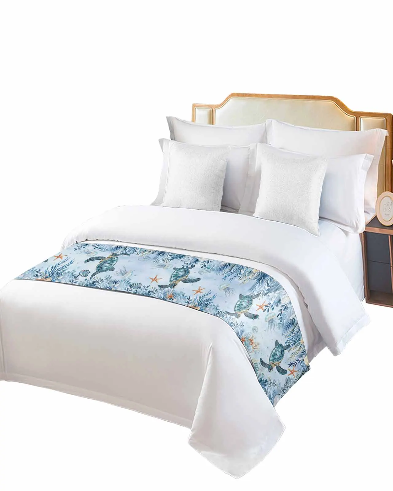 

Summer Turtle Marine Life Bed Runner Luxury Hotel Bed Tail Scarf Decorative Cloth Home Bed Flag