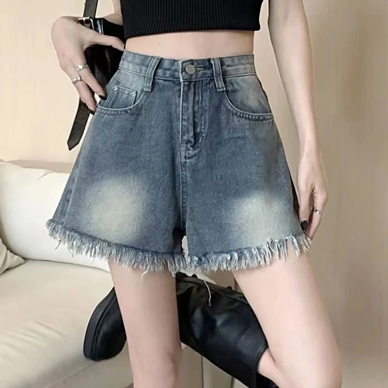 Rimocy Vintage Tassels Women Denim Shorts 2024 Summer Streetwear High Waist Hot Shorts Woman Loose Wide Leg Short Jeans Female