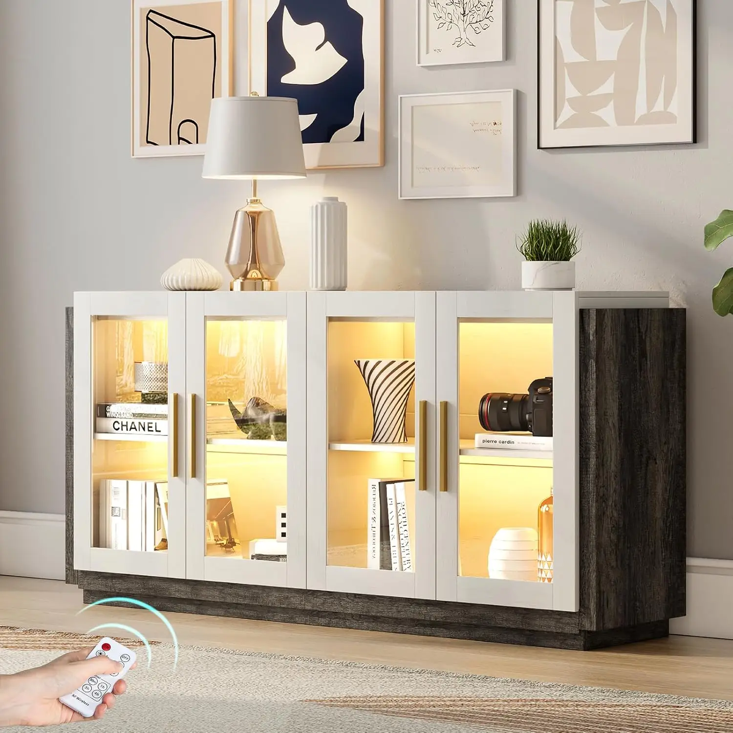 Sideboard Buffet Cabinet, Mixed Color Accent Cabinet with LED Lights, Modern Glass Doors Storage Cabinet with Adjustable Shelf,