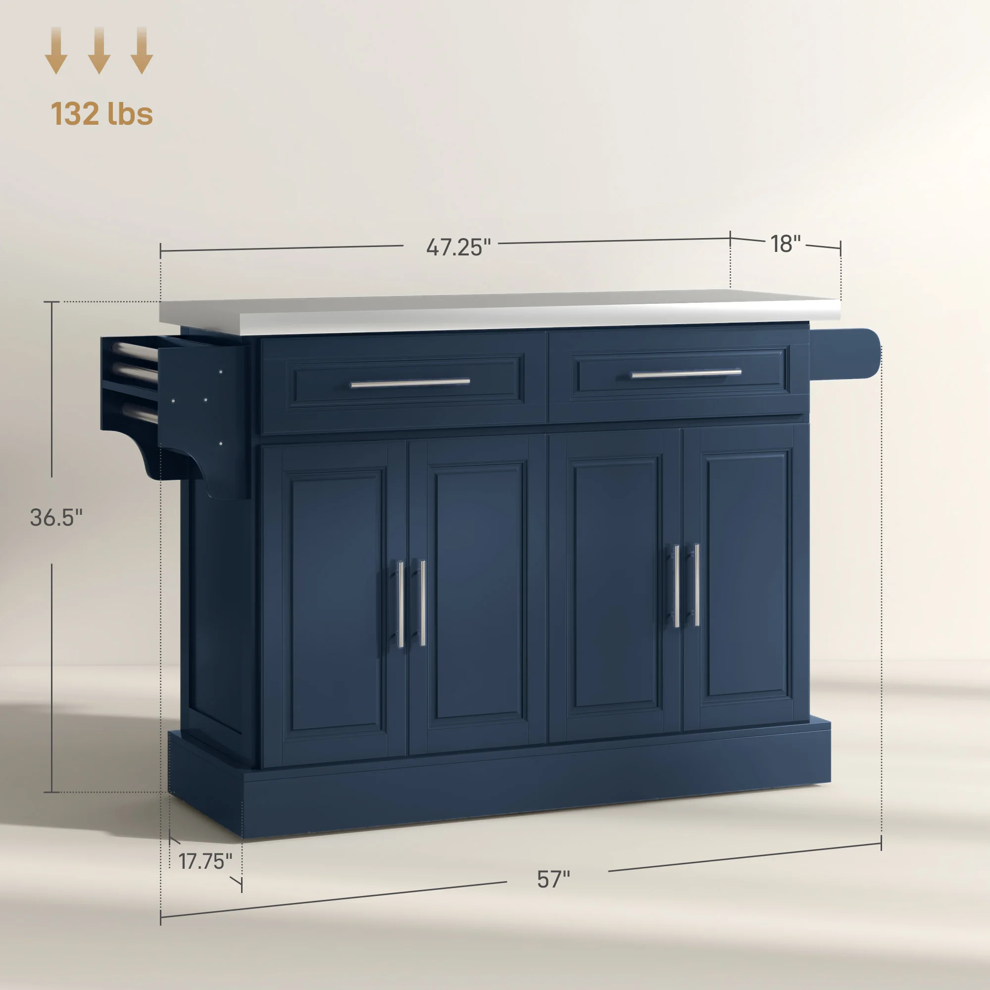 Rolling Kitchen Island with Cabinets and Drawers, Navy Blue