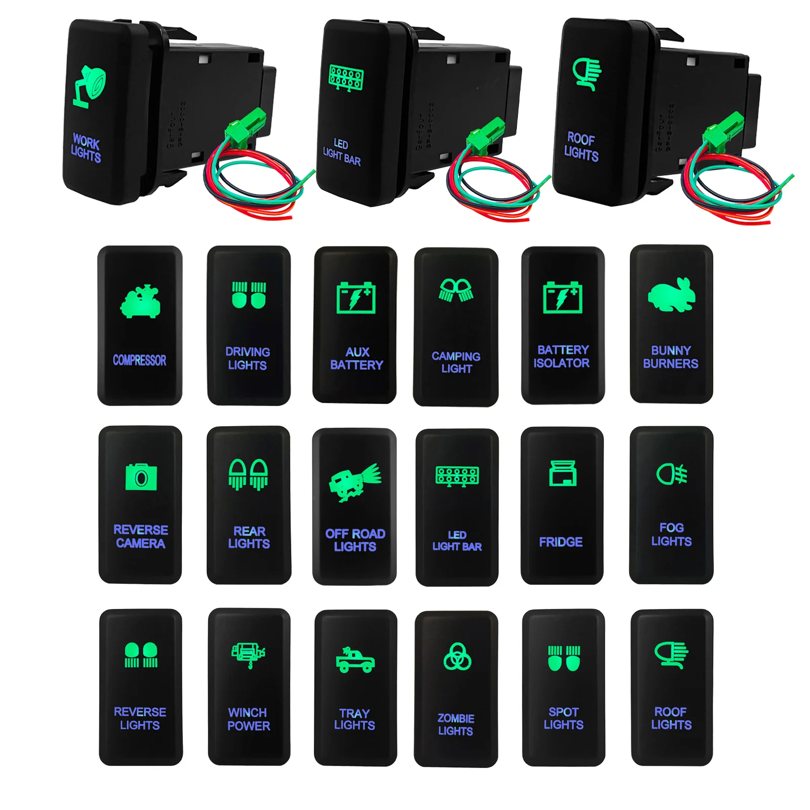 12V Winch Power Green Blue Button Switch Car LED Light Bar Compressor Aux ON OFF For Toyota Tacoma FJ Cruiser Highlande Hilux