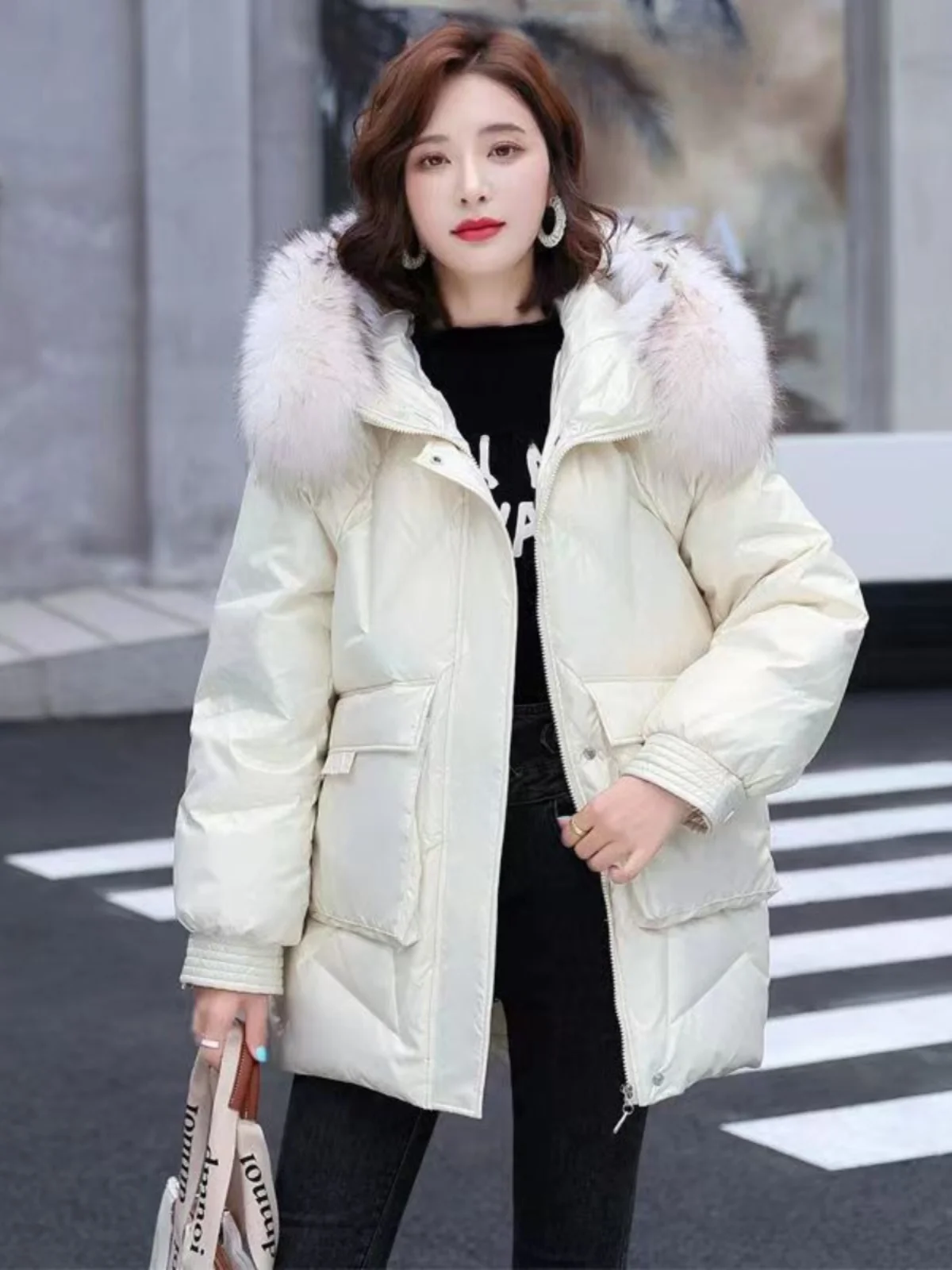 

2023 New Sle Thiened ort Cotton Jaet Women's Faionable Coat with Large Fur Collar No Wa Fabric Casual Outerwear