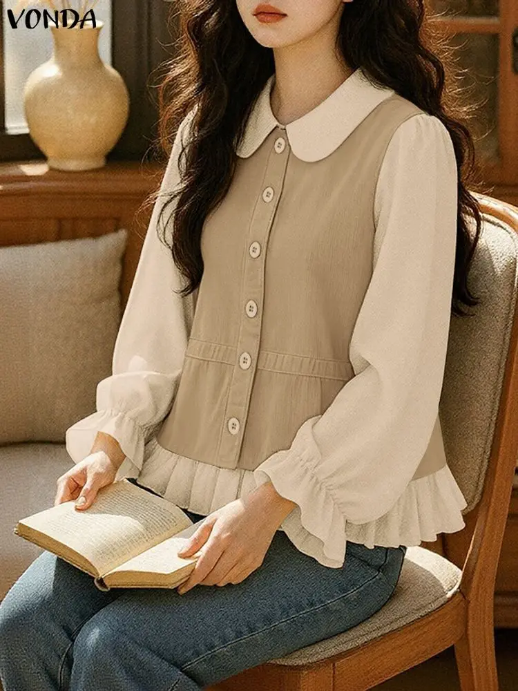 VONDA Moda Manica Lunga Camicie Eleganti Donna Autunno Top Camicetta 2025 Casual Colore Patchwork Colletto Peter Pan Ufficio Blusas