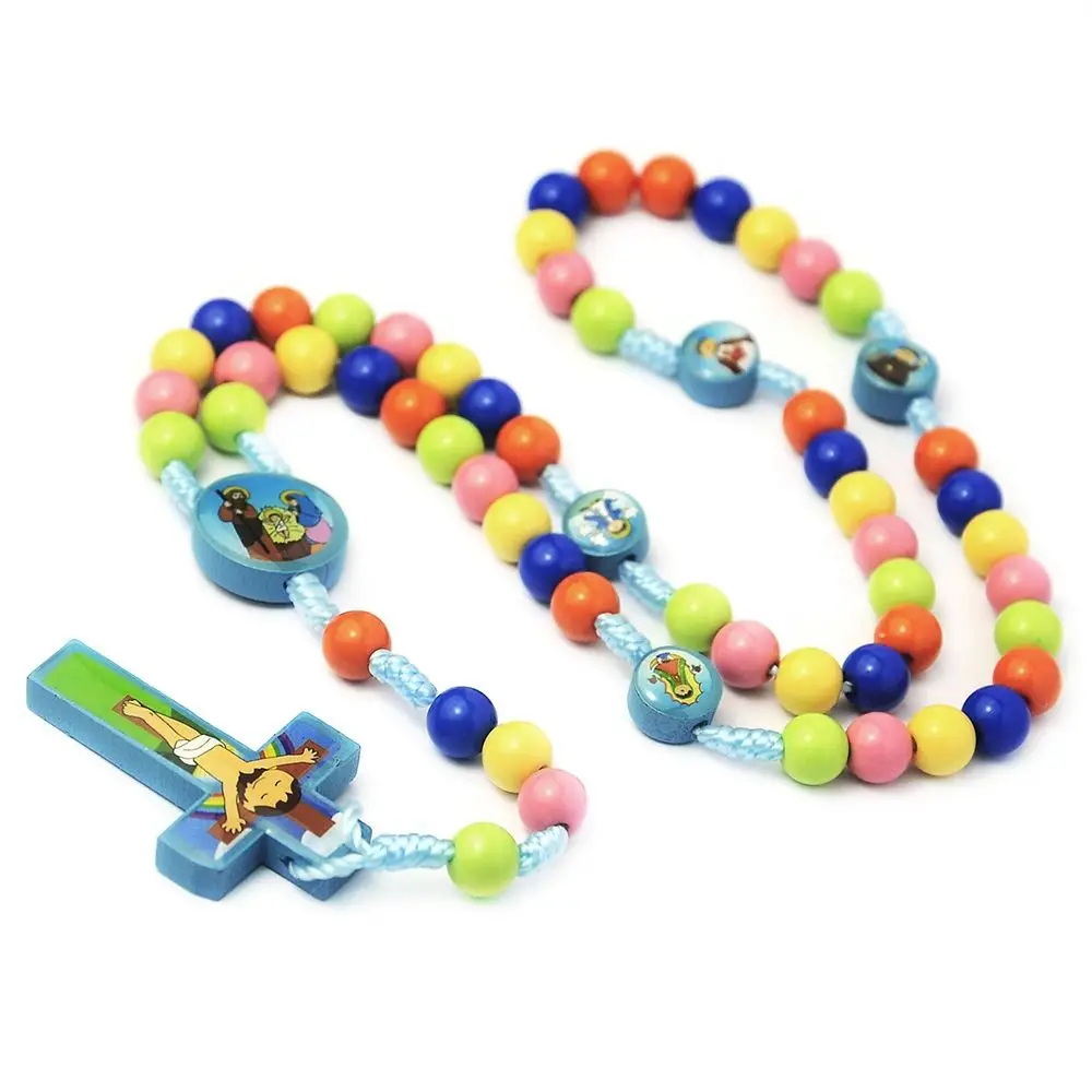 Colorful Bead Kids' Rosary Necklace Cartoon Religious Children Rosary Necklace Durable Catholic Crucifix Pendant Chain Church