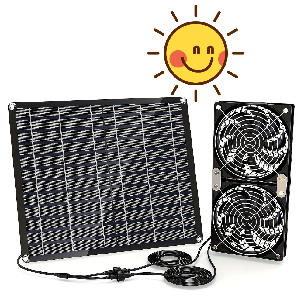 30W Solar Fan, Solar Powered Fan with Two IPX7 Waterproof Fans for Indoor Outside Greenhouse Shed Chicken Coop Air Circulation